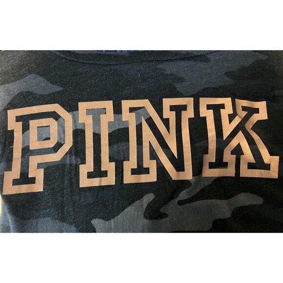 Victorias Secret PINK Long Sleeve Relaxed CAMO Shirt L Rose Gold Letters On Back - Picture 6 of 9